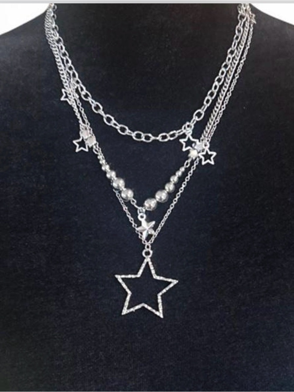 Layered Silver Tone Link Chain Star Charm Pendant Necklace Adjustable Lobster